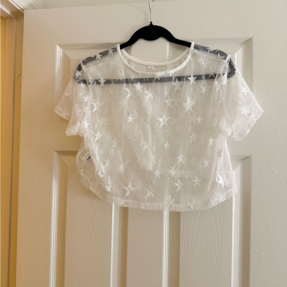 SHEIN White Star Embroidered Mesh Crop Top